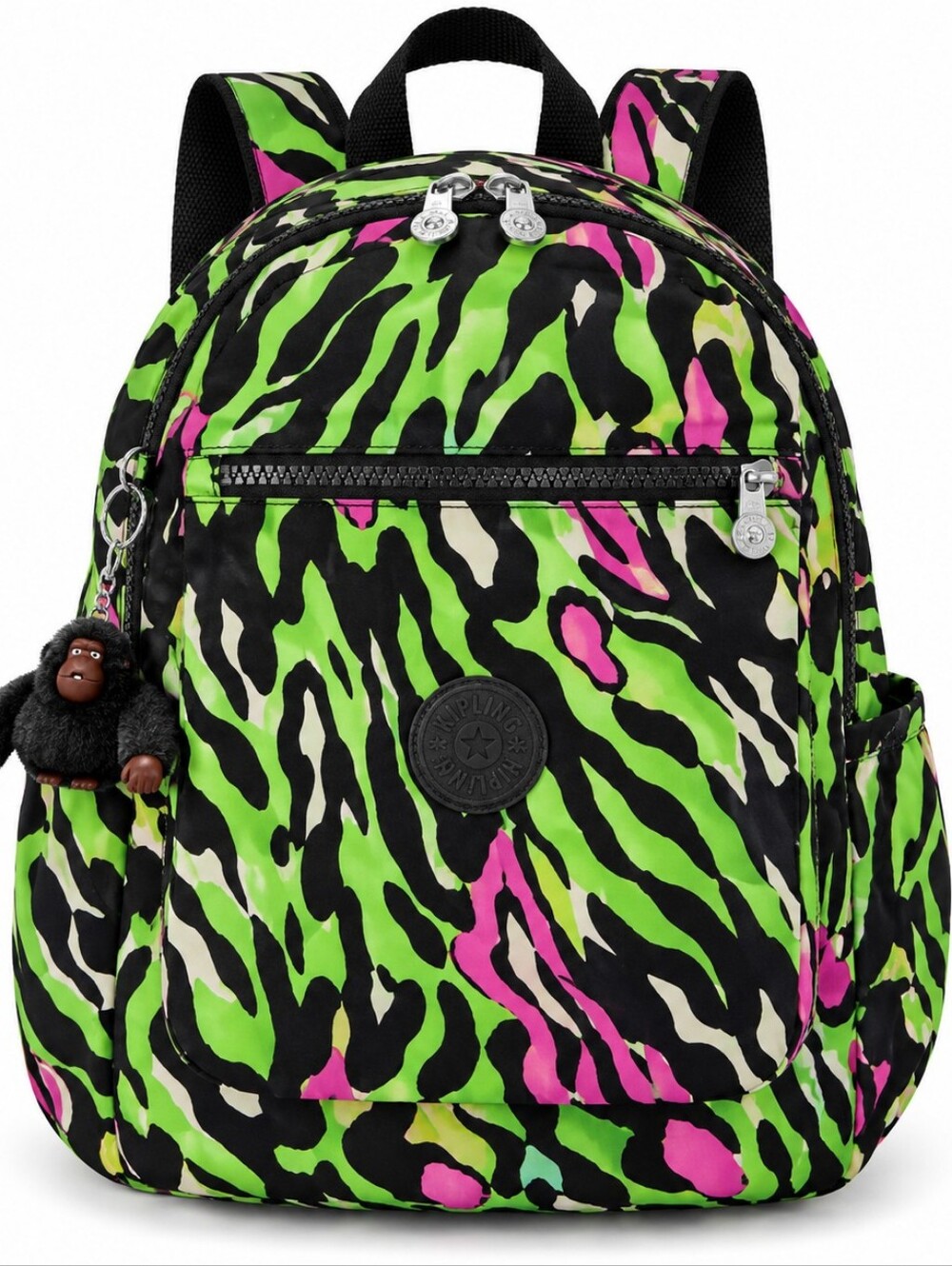 Kipling Neon Green Black Pink Print Backpack Monkey Charm